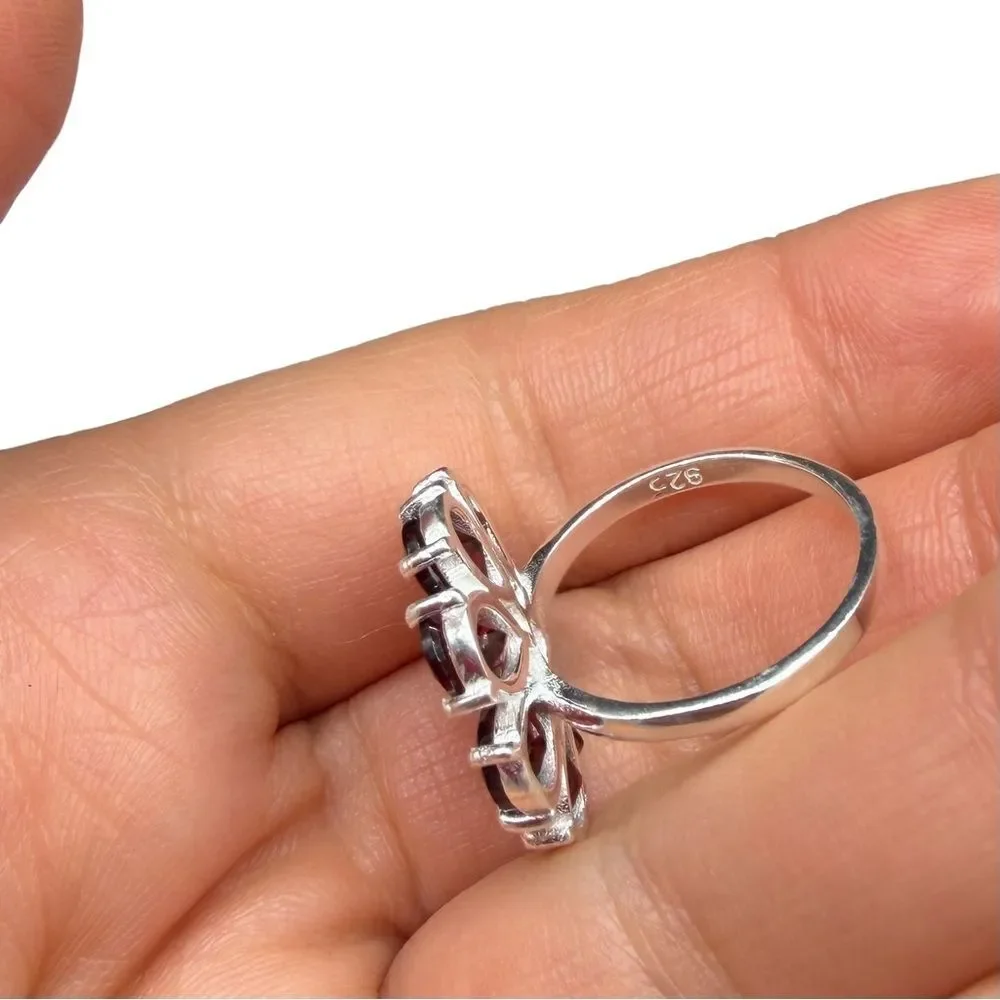 Garnet Ring Size 10 Flower Shaped Solid 925 Sterling Silver Daisy Multi Stone
